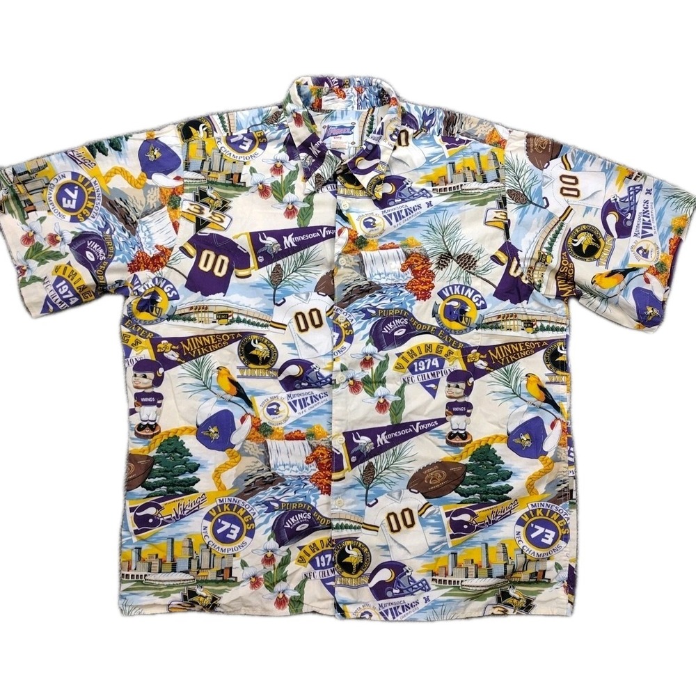 Vtg Reyn Spooner Minnesota Vikings Hawaiian Shirt NFL Button Down Camp AOP USA L
